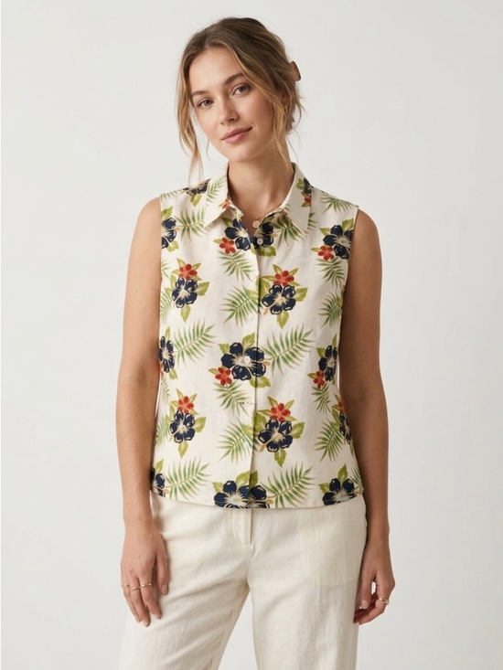 Tommy Bahama Tops - Tommy Bahama Sleeveless Button Down Jacquard Logo Tropical Silk Cream Navy XL